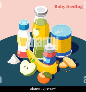 Baby feeding products for infants kids isometric advertising composition with milk powder fruit juice bottle vector illustration Stock Vector