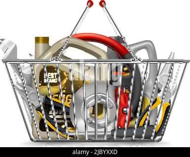 Car parts shopping realistic composition with shopping cart metal basket filled with engine oil and tools vector illustration Stock Vector