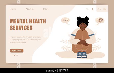 Mental health service. Landing page template. Lonely african woman sitting on floor and hugging knees. Depressed teenager needs psychological help Stock Vector