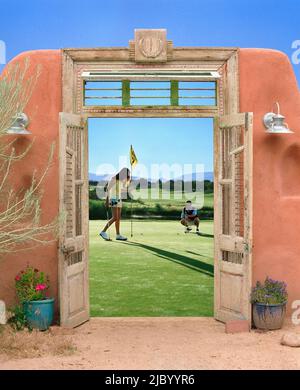 View through doorway to couple playing golf Stock Photo