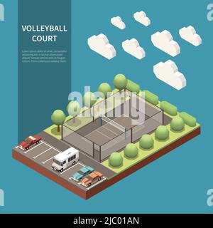 Isometric composition with outdoor volleyball sport field and parking zone 3d vector illustration Stock Vector