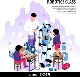 Isometric robotics kids education background composition with editable text and children with adult character building android vector illustration Stock Vector