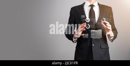 Business developer hand using board framework on virtual modern computer showing innovation Agile software development lean project management tool fa Stock Photo