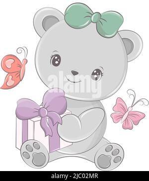 Cartoon teddy bear with a gift box in its paws. Cute bears vector illustration. Vector illustration of baby bear for nursery room decor, posters Stock Vector