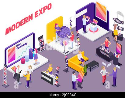 Modern innovative technology products exhibition show promotion stands with visitors assistants potential buyers isometric composition vector illustra Stock Vector