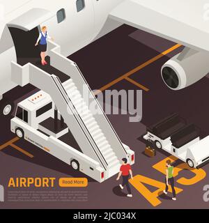 Airport isometric background with composition of aircraft airstairs truck and people with clickable button and text vector illustration Stock Vector