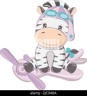 Animal for baby products and holidays. Cute zebra with funny eyes, character illustration is made in cartoon style. Isolated animal illustration in Stock Vector