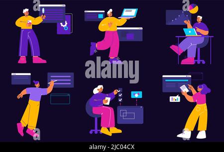 Process of mobile and web app development, computer software, digital interfaces. Vector flat illustration of people developers programming application on laptops Stock Vector