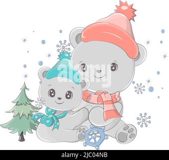 Mom and teddy bear celebrate new year. Vector bears isolated on white background. Drawn vector illustration of a cute funny family bear Stock Vector