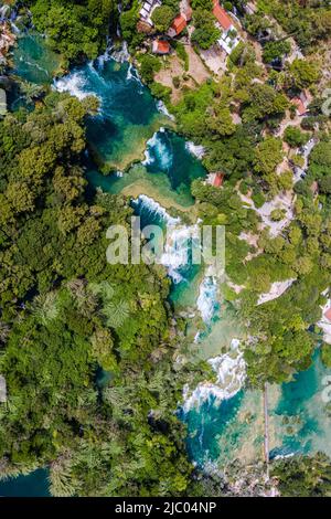 Krka, Croatia - Aerial top-down view of the famous Krka Waterfalls in Krka National Park on a bright summer day Stock Photo