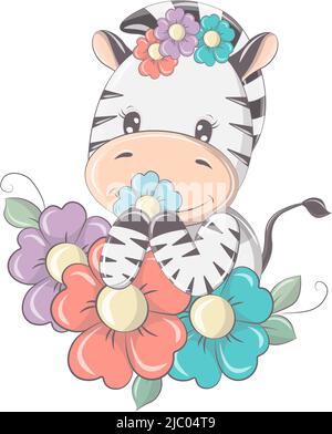 Vector images of a zebra in kawaii style. The cartoon character is made for a kids group of goods. The funny animal smiles cutely. Animal isolated on Stock Vector