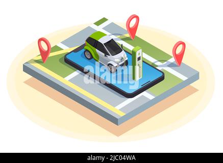 Gas station isometric composition of charging car on top of smartphone with location signs and map vector illustration Stock Vector