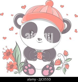Panda illustration isolated on white background, cute animal in cartoon style. Vector animal for prints for baby products, the images are made in a Stock Vector
