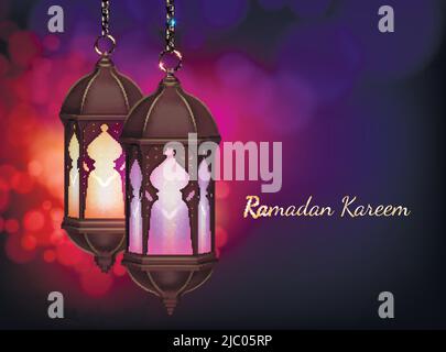 Ramadan kareem lantern hanging on chains composition with realistic images editable text and colourful blurry background vector illustration Stock Vector