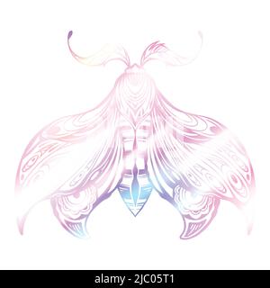 Vector iridescent purple drawing of a night butterfly. Fluorescent olorful illustration of a moth with tracery ornament. Foil insect Stock Vector
