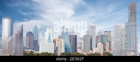 City skyline created using modern buildings from various parts of the world including Dallas, Panama, and Shanghai Stock Photo