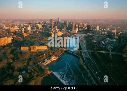 Skyscrapers in a city, Liberty Place, Fairmount Water Works, Philadelphia Museum Of Art, Benjamin Franklin Parkway, Philadelphia, Pennsylvania, USA Stock Photo