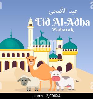 flat eid al adha mubarak illustration greeting card with cute camel, cow, and sheep Stock Vector