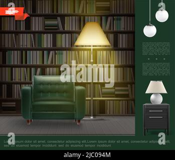 Realistic home library room interior template with bookcase full of books comfortable armchair nightlight floor and ceiling lamps nightstand vector Stock Vector