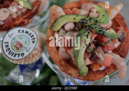 Non Exclusive: Jun 8, 2022, Mexico City, Mexico: Details of the seafood saucers during  the 16th Fish and Seafood Fair 2022 in Iztapalapa. On Jun 8, 2 Stock Photo