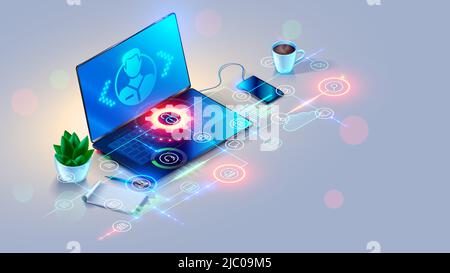 Remote Support online. Remotely access and control of computer or laptop via web internet connection. System administrator helps of user. Chat of Stock Vector