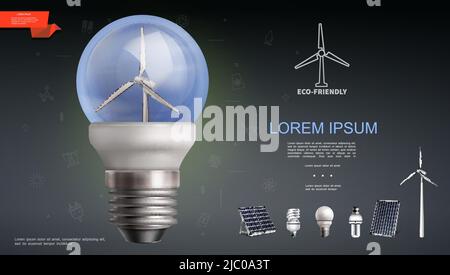 Realistic modern electricity template with energy saving lightbulbs solar panels and windmill vector illustration Stock Vector