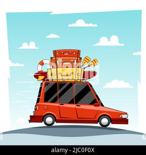 Car vacation vector illustration. Cartoon summer traveling trip objects. Cartoon car travel with baggage on roof Stock Vector