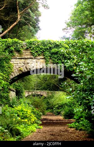 Arched bridge over track at The Garden Station, Restored Victorian railway station, Langley-on-Tyne, Northumberland Stock Photo