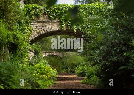 Arched bridge over track at The Garden Station, Restored Victorian railway station, Langley-on-Tyne, Northumberland Stock Photo