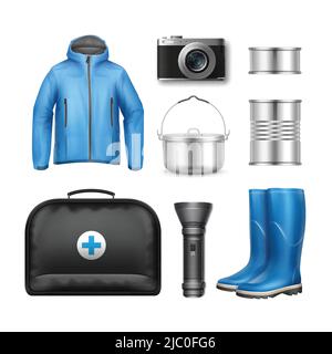 Vector camping stuff blue unisex jacket, camping pot, canned goods, pocket flashlight, rubber boots, photo camera and first aid kit box on white backg Stock Vector