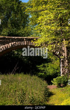 Arched bridge over track at The Garden Station, Restored Victorian railway station, Langley-on-Tyne, Northumberland Stock Photo