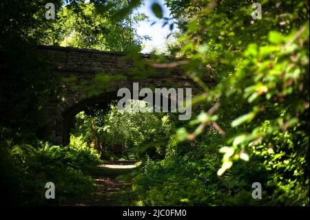 Arched bridge over track at The Garden Station, Restored Victorian railway station, Langley-on-Tyne, Northumberland Stock Photo