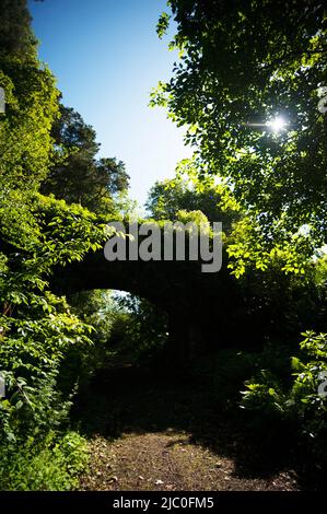 Arched bridge over track at The Garden Station, Restored Victorian railway station, Langley-on-Tyne, Northumberland Stock Photo