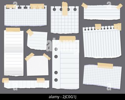 Line note papers. Scotch taped lined paper pieces. Scrap of paper for reminder message. Vector illustration Stock Vector
