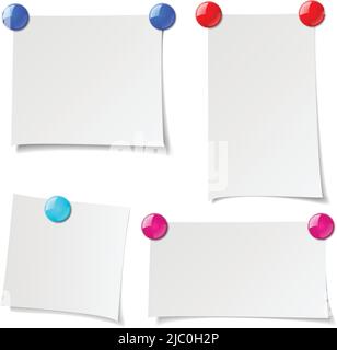 Notes, reminder papers with pin magnet. Message note reminder paper and sticky reminder note blank. Vector illustration set Stock Vector