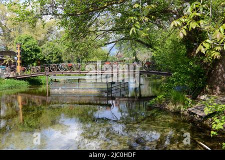 Restaurant in the fresh water source of Saint Naum on Macedonia Stock Photo