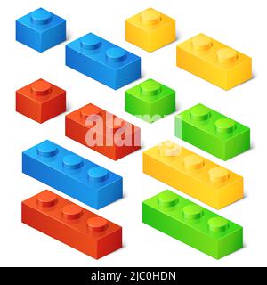 Construction toy cubes. Connector bricks. 3D isometric set. Game block, construction block toy, brick plastic toy, cube toy illustration Stock Vector