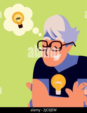 nerd man with bulbs Stock Vector