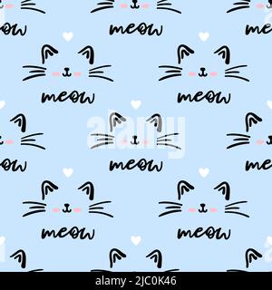 Blue cat seamless pattern. Meow and cat paws background vector illustration. Cute cartoon pastel character for nursery girl baby print. Stock Vector