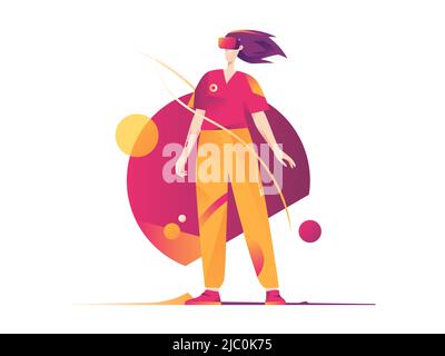 A vector illustration depicting a woman in a virtual reality headset immersed in a fantasy space Stock Vector