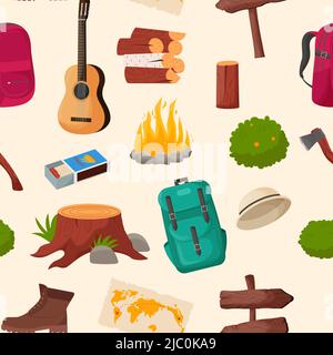 Camping and hiking seamless pattern. Summer camp travel tools collection for survival in wild, tent, backpack, map, axe, campfire and other camping eq Stock Vector