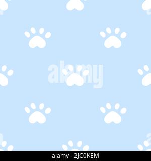 Blue cat seamless pattern. Meow and cat paws background vector illustration. Cute cartoon pastel character for nursery girl baby print. Stock Vector