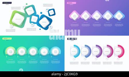 Abstract vector gradient minimalistic infographic templates composed of 5 shapes Stock Vector