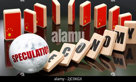 China and speculation, economy and domino effect - chain reaction in China set off by speculation causing a crash - economy blocks and China flag,3d i Stock Photo