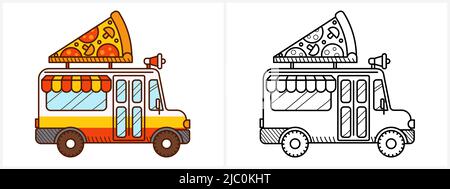 Pizza van coloring page for kids. Cartoon truck Stock Vector