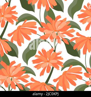 Vector floral seamless pattern. Orange flowers with green twigs and leaves on a white background. Stock Vector