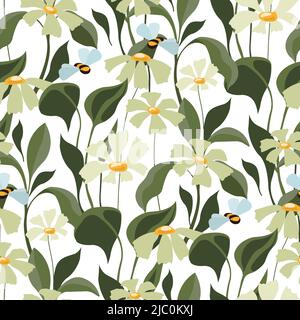 Vector floral seamless pattern. Wildflowers, leaves and bees on a white background. Stock Vector