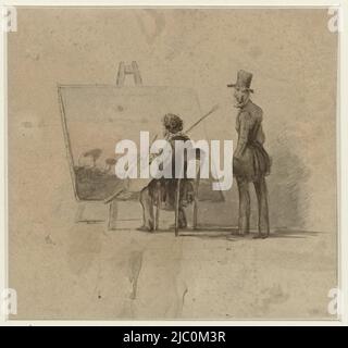 Portrait of Johannes Franciscus Hoppenbrouwers in front of his donkey and watching A. van den Berg, draughtsman: Louis Apol, Charles Rochussen, 1865, paper, brush, h 163 mm × w 174 mm Stock Photo