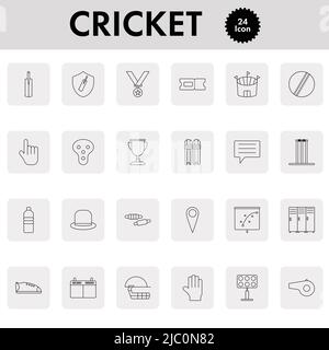 24 Cricket Icon Set On Grey Sqaure Background. Stock Vector