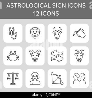 Black Line Art Set Of Astrological Symbols Icons On Grey Sqaure Background. Stock Vector